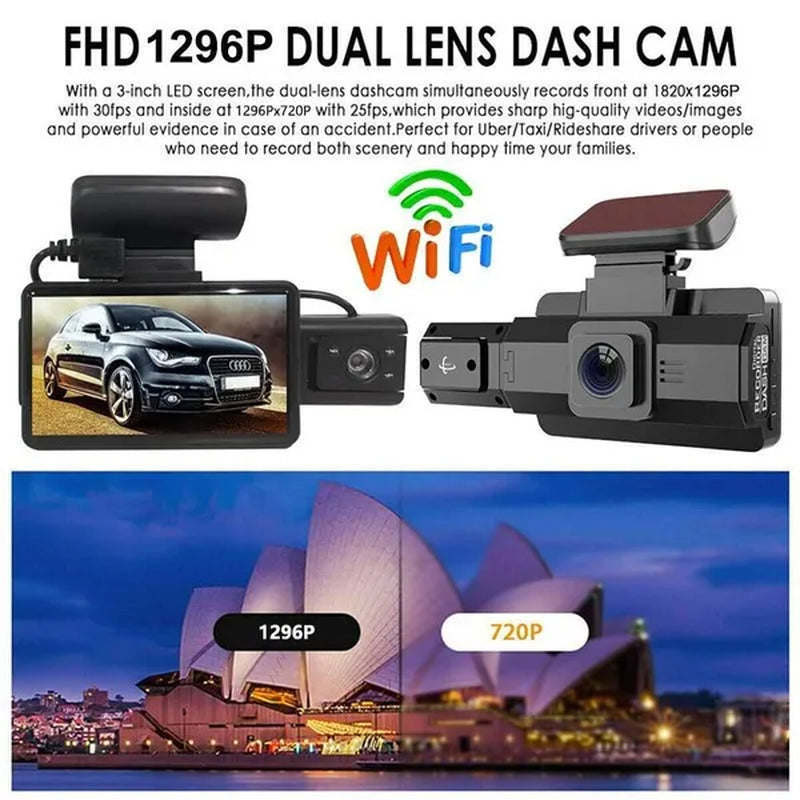 3 Inch Dash Cam HD 1296P Dual Lens Car Video Recorder 170° Wide Angle Night Vision G-Sensor Loop Recording Car DVR Wifi Camera