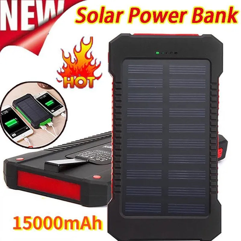 Solar Charger Solar Power Bank Waterproof Portable External Backup Outdoor Cell Phone Battery Charger Dual USB with SOS Led Charger Travel Powerbank for All Phone of All over the World 15000Mah